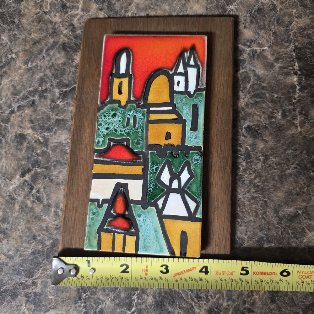 Vintage JERUSALEM ISRAEL TILE Wall Plaque Ceramic & Wood 7.5" Tall Souvenir - Picture 3 of 5